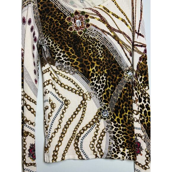 CACHE Y2K Leopard Print Chain Rhinestone Embellished Lightweight Sweater, Size S - Picture 6 of 7